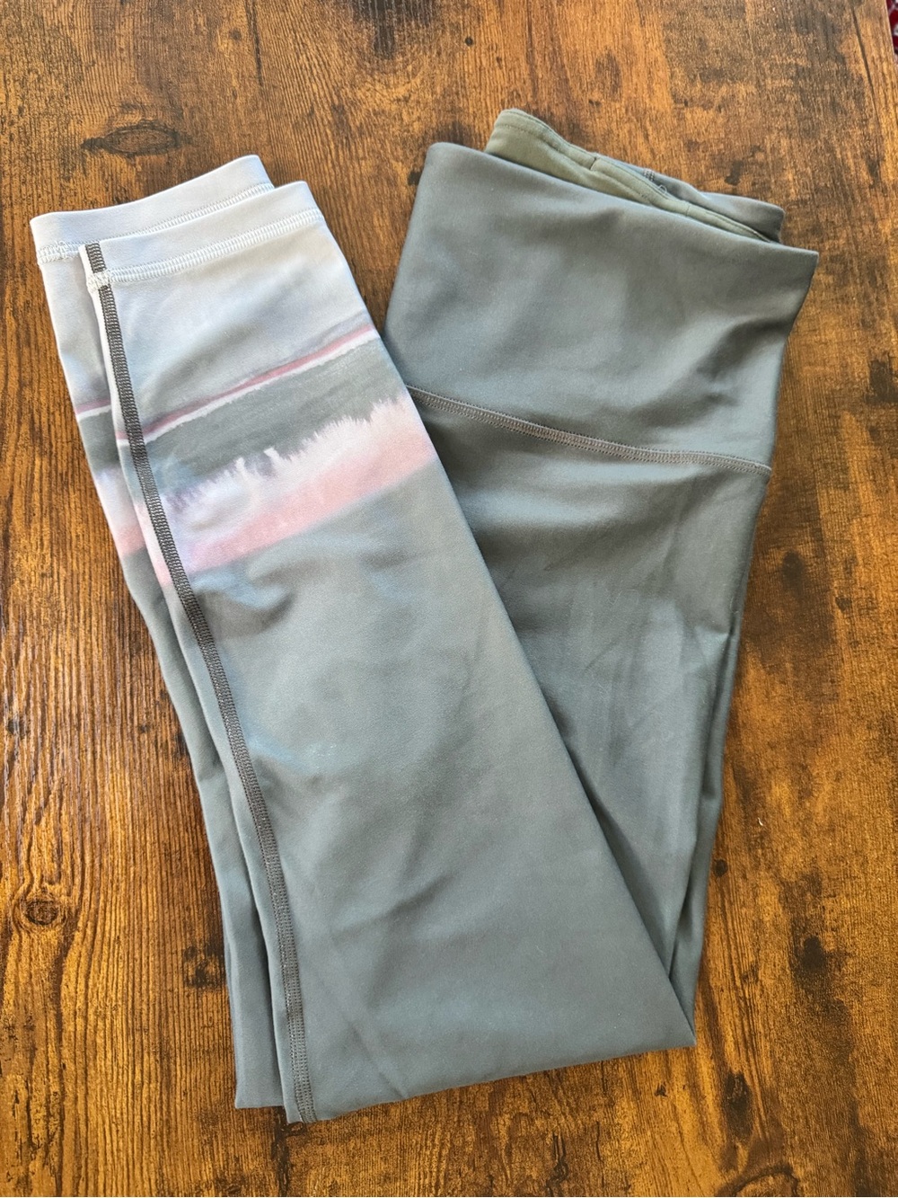 Athleta olive green 7/8 Leggings with Cream and pink leg accent